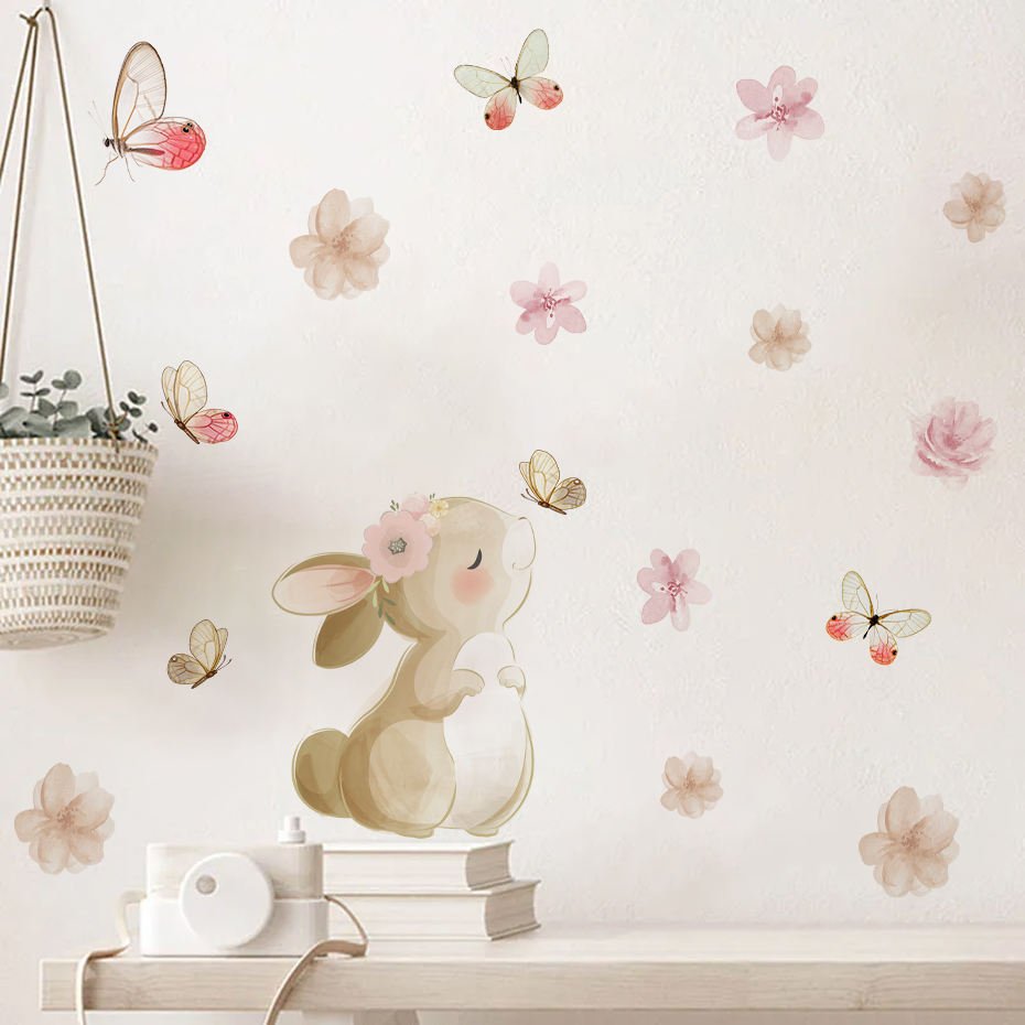 Baby Nursery Decor Girl - Cartoon Rabbit Flowers Butterfly Wall Sticker