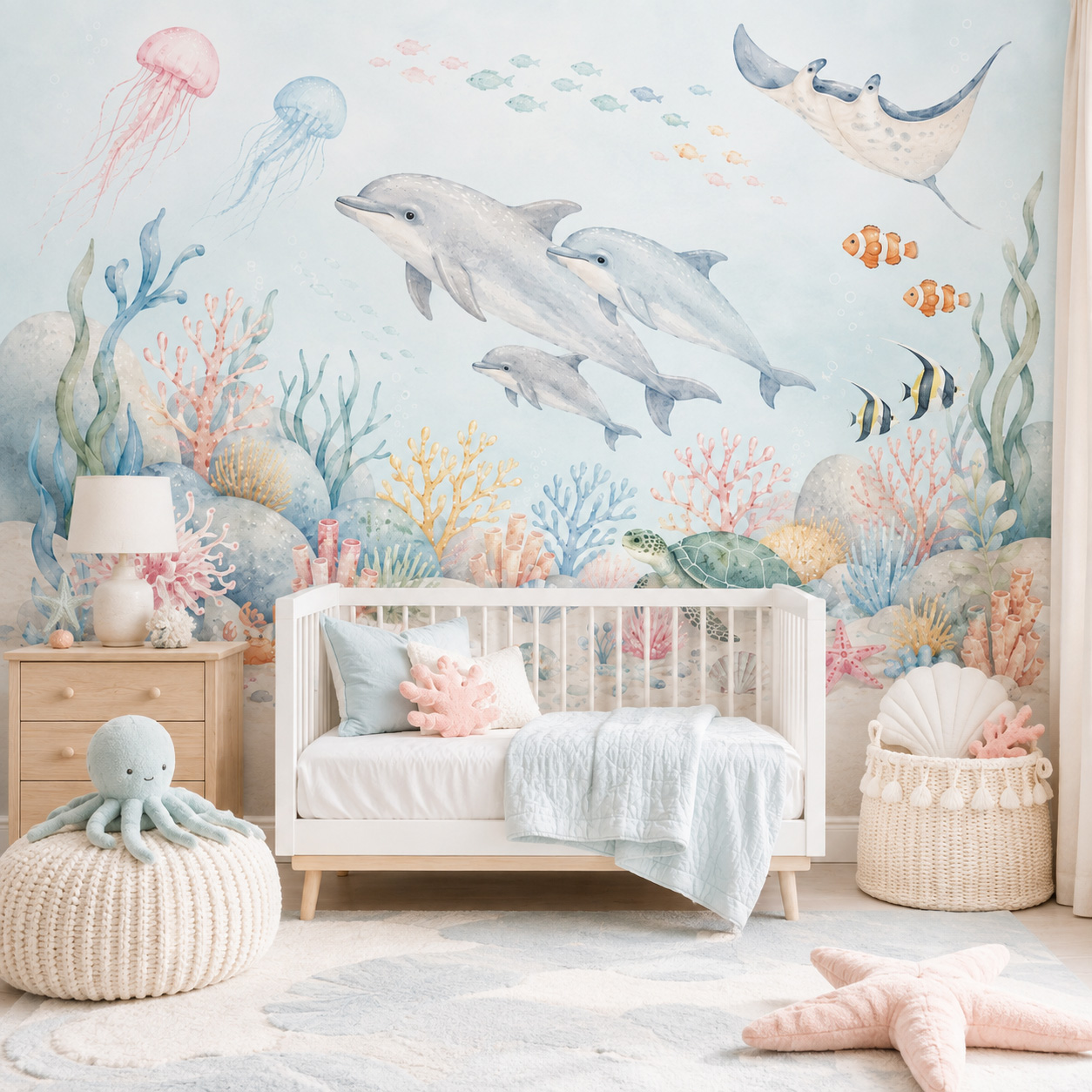 Underwater Sea Animals Self Ad - огляд і ціна Baby Nursery Peel And Stick Wallpaper